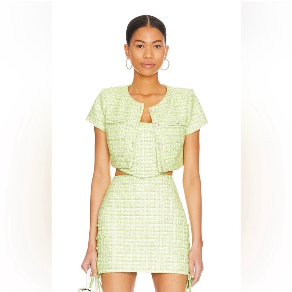 REVOLE LOVERS AND FRIENDS Tweed Dress and Cropped Top in Lime Green Tweed